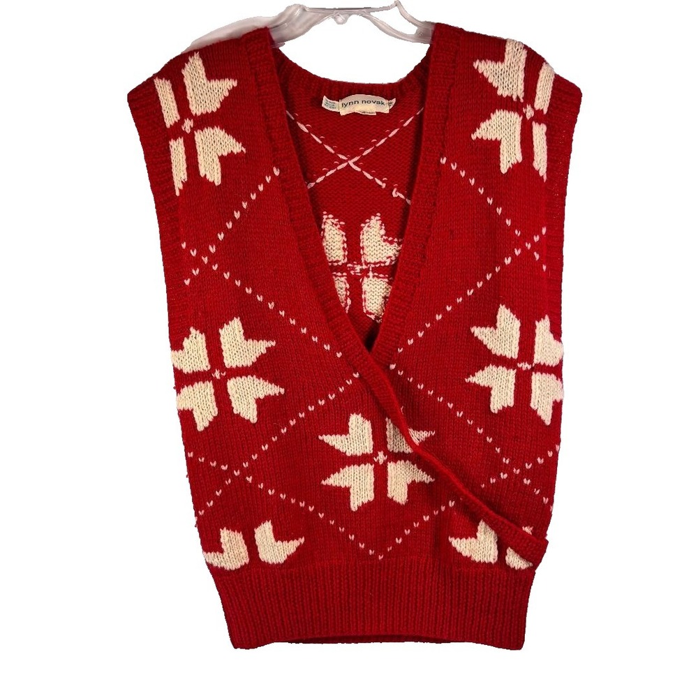 Vintage Lynn Novak Hand Knit Sweater Vest Red & White Women's Size S 100% Wool‎
